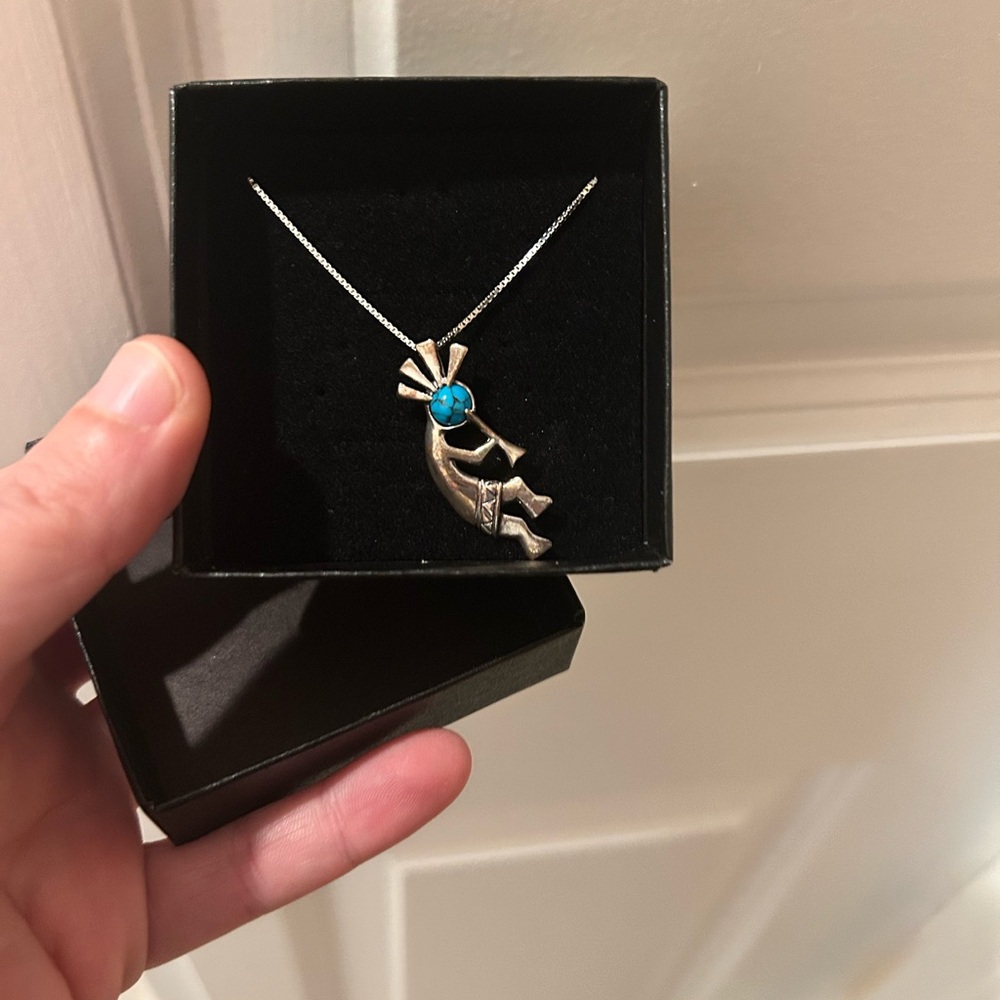 Silver Kokopelli Pendant Necklace with Turquoise Accent